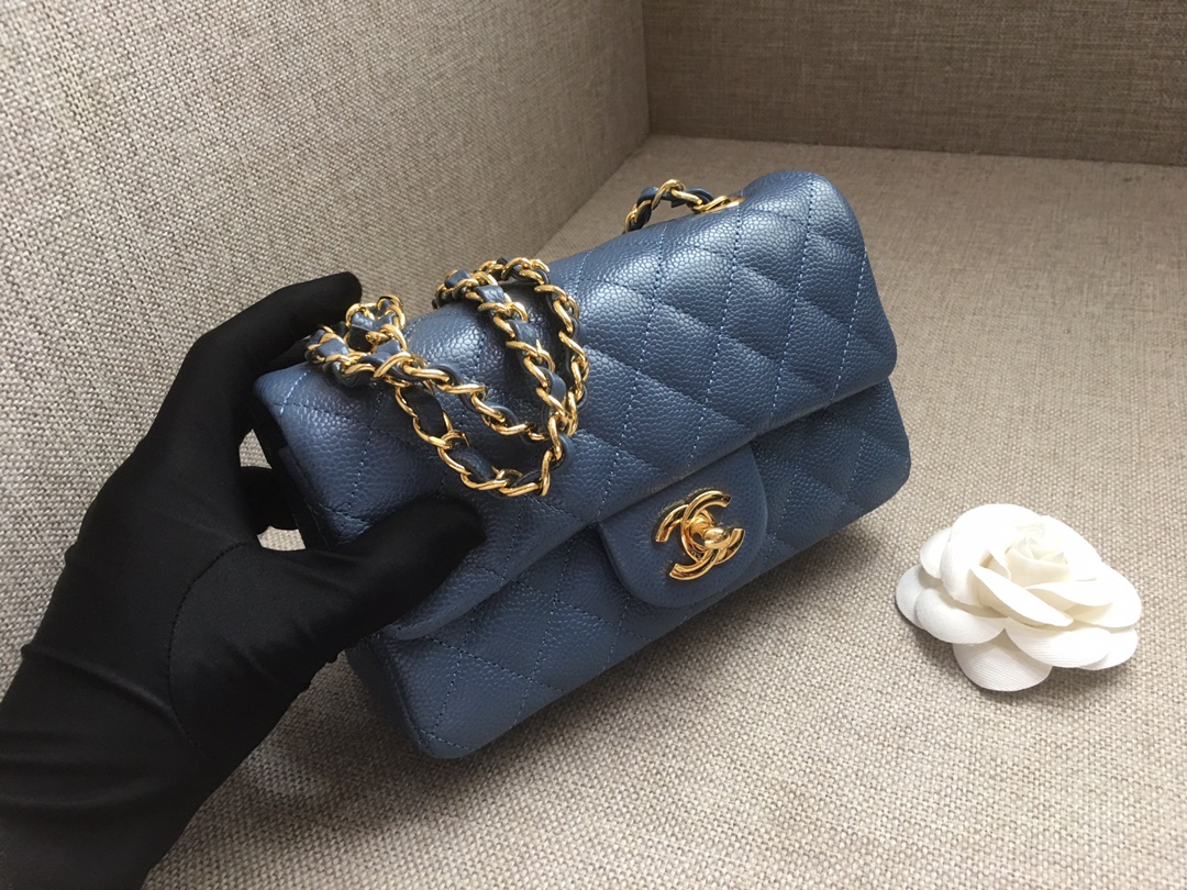 Small Classic Flap Caviar Bag A01116 Dark Blue/Gold